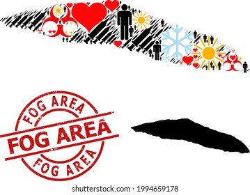 Distress Fog Area badge, and winter patients vaccine collage map of Haiti Tortuga Island. Red round badge contains Fog Area tag inside circle.