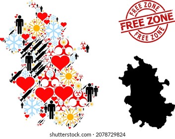 Distress Free Zone stamp seal, and winter patients vaccine mosaic map of Anhui Province. Red round stamp seal contains Free Zone tag inside circle. Map of Anhui Province mosaic is composed of snow,