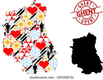 Distress Ghent stamp seal, and winter man Covid-2019 treatment collage map of Lublin Province. Red round stamp seal contains Ghent caption inside circle.