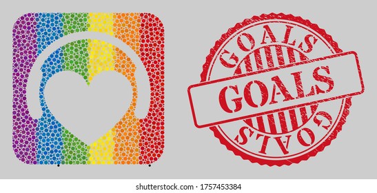 Distress Goals stamp seal and mosaic love dj stencil for LGBT. Dotted rounded rectangle collage is around love dj stencil. LGBT spectrum colors. Red rounded rubber seal stamp with Goals caption.