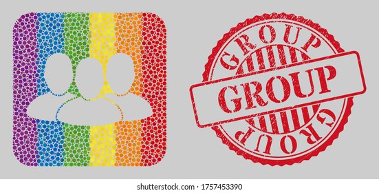 Distress Group stamp seal and mosaic user group subtracted for LGBT. Dotted rounded rectangle mosaic is around user group subtracted space. LGBT rainbow colors.