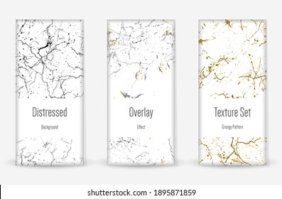 Distress Grunge Texture Set. Seamless Pattern. Scratched, Dirt Print. Halftone Retro Background. Broken, Cracked Wall Texture. Gold, Black, White Grunge Style. Noise Rough Design. Vector Illustration.