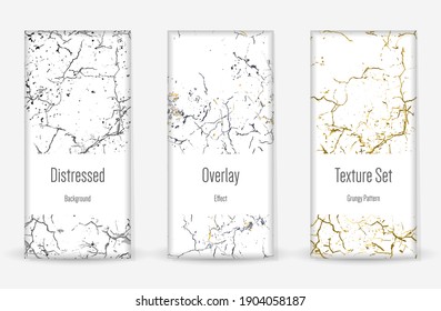 Distress Grunge Texture Set. Seamless Pattern. Scratched, Dirt Print. Halftone Retro Background. Broken, Cracked Wall Texture. Gold, Black, White Grunge Style. Noise Rough Design. Vector Illustration.