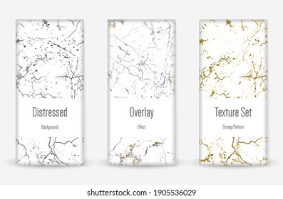 Distress Grunge Texture Set. Seamless Pattern. Scratched, Dirt Print. Halftone Retro Background. Broken, Cracked Wall Texture. Gold, Black, White Grunge Style. Noise Rough Design. Vector Illustration.