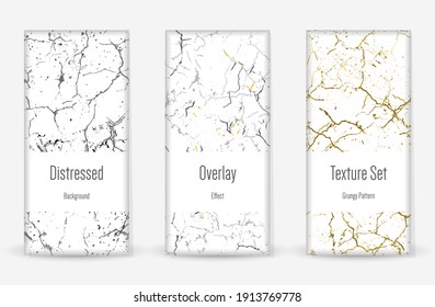 Beunruhigen Grunge Texture Set. Nahtloses Muster. Geschätzt, dunkel drucken. Halftone Retro Hintergrund. Gebrochen, Mauer gebrochen. Gold, Schwarz, Weiß Grunge Style. Geräuscharmes Design. Vektorgrafik.