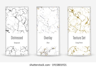 Distress Grunge Texture Set. Seamless Pattern. Scratched, Dirt Print. Halftone Retro Background. Broken, Cracked Wall Texture. Gold, Black, White Grunge Style. Noise Rough Design. Vector Illustration.