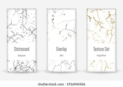 Beunruhigen Grunge Texture Set. Nahtloses Muster. Geschätzt, dunkel drucken. Halftone Retro Hintergrund. Gebrochen, Mauer gebrochen. Gold, Schwarz, Weiß Grunge Style. Geräuscharmes Design. Vektorgrafik.