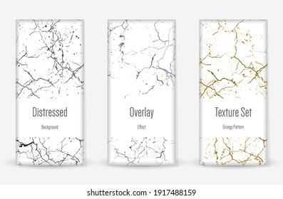 Conjunto de textura de desgarre por presión. Patrón sin inconvenientes. Impresión Scratched, Dirt. Fondo retro de semitono. Textura de pared rota y rota. Oro, Negro, Blanco Grunge Style. Diseño ruidoso. Ilustración vectorial.