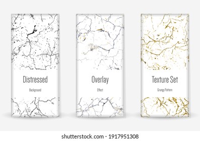 Distress Grunge Texture Set. Seamless Pattern. Scratched, Dirt Print. Halftone Retro Background. Broken, Cracked Wall Texture. Gold, Black, White Grunge Style. Noise Rough Design. Vector Illustration.