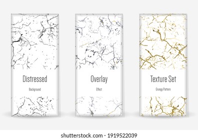 Distress Grunge Texture Set. Seamless Pattern. Scratched, Dirt Print. Halftone Retro Background. Broken, Cracked Wall Texture. Gold, Black, White Grunge Style. Noise Rough Design. Vector Illustration.