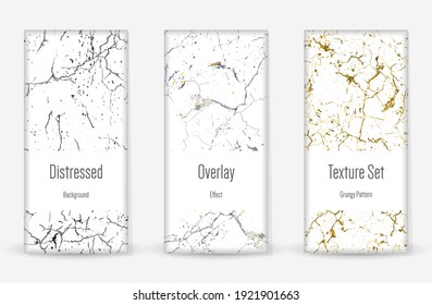 Distress Grunge Texture Set. Seamless Pattern. Scratched, Dirt Print. Halftone Retro Background. Broken, Cracked Wall Texture. Gold, Black, White Grunge Style. Noise Rough Design. Vector Illustration.