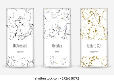 Distress Grunge Texture Set. Seamless Pattern. Scratched, Dirt Print. Halftone Retro Background. Broken, Cracked Wall Texture. Gold, Black, White Grunge Style. Noise Rough Design. Vector Illustration.