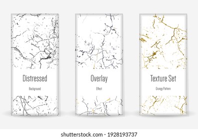 Distress Grunge Texture Set. Seamless Pattern. Scratched, Dirt Print. Halftone Retro Background. Broken, Cracked Wall Texture. Gold, Black, White Grunge Style. Noise Rough Design. Vector Illustration.