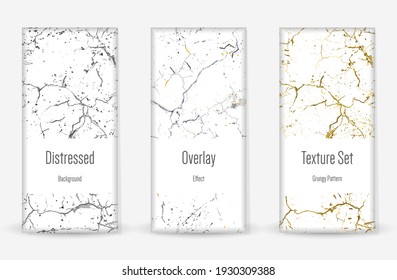 Distress Grunge Texture Set. Seamless Pattern. Scratched, Dirt Print. Halftone Retro Background. Broken, Cracked Wall Texture. Gold, Black, White Grunge Style. Noise Rough Design. Vector Illustration.