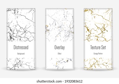 Conjunto de textura de desgarre por presión. Patrón sin inconvenientes. Impresión Scratched, Dirt. Fondo retro de semitono. Textura de pared rota y rota. Oro, Negro, Blanco Grunge Style. Diseño ruidoso. Ilustración vectorial.
