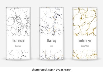 Beunruhigen Grunge Texture Set. Nahtloses Muster. Geschätzt, dunkel drucken. Halftone Retro Hintergrund. Gebrochen, Mauer gebrochen. Gold, Schwarz, Weiß Grunge Style. Geräuscharmes Design. Vektorgrafik.