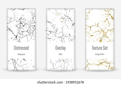Distress Grunge Texture Set. Seamless Pattern. Scratched, Dirt Print. Halftone Retro Background. Broken, Cracked Wall Texture. Gold, Black, White Grunge Style. Noise Rough Design. Vector Illustration.
