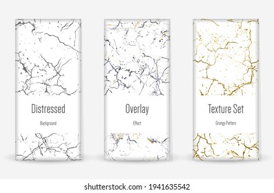 Distress Grunge Texture Set. Seamless Pattern. Scratched, Dirt Print. Halftone Retro Background. Broken, Cracked Wall Texture. Gold, Black, White Grunge Style. Noise Rough Design. Vector Illustration.