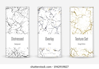 Distress Grunge Texture Set. Seamless Pattern. Scratched, Dirt Print. Halftone Retro Background. Broken, Cracked Wall Texture. Gold, Black, White Grunge Style. Noise Rough Design. Vector Illustration.