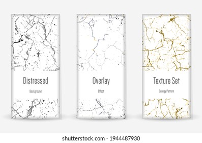 Distress Grunge Texture Set. Seamless Pattern. Scratched, Dirt Print. Halftone Retro Background. Broken, Cracked Wall Texture. Gold, Black, White Grunge Style. Noise Rough Design. Vector Illustration.