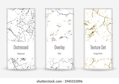 Distress Grunge Texture Set. Seamless Pattern. Scratched, Dirt Print. Halftone Retro Background. Broken, Cracked Wall Texture. Gold, Black, White Grunge Style. Noise Rough Design. Vector Illustration.