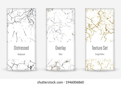 Distress Grunge Texture Set. Seamless Pattern. Scratched, Dirt Print. Halftone Retro Background. Broken, Cracked Wall Texture. Gold, Black, White Grunge Style. Noise Rough Design. Vector Illustration.