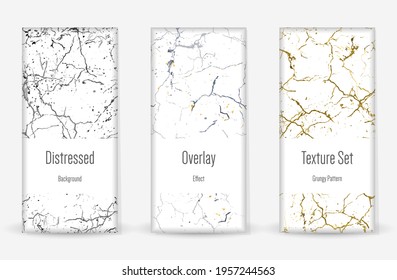 Distress Grunge Texture Set. Seamless Pattern. Scratched, Dirt Print. Halftone Retro Background. Broken, Cracked Wall Texture. Gold, Black, White Grunge Style. Noise Rough Design. Vector Illustration.