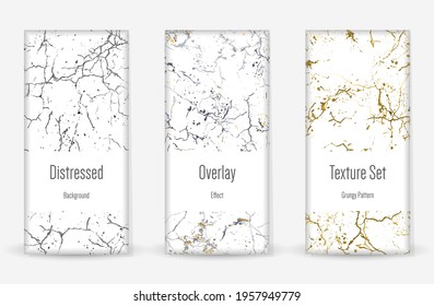 Distress Grunge Texture Set. Seamless Pattern. Scratched, Dirt Print. Halftone Retro Background. Broken, Cracked Wall Texture. Gold, Black, White Grunge Style. Noise Rough Design. Vector Illustration.
