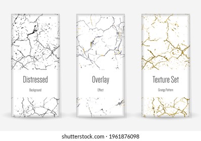 Distress Grunge Texture Set. Seamless Pattern. Scratched, Dirt Print. Halftone Retro Background. Broken, Cracked Wall Texture. Gold, Black, White Grunge Style. Noise Rough Design. Vector Illustration.