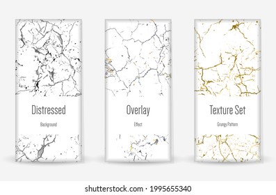 Distress Grunge Texture Set. Seamless Pattern. Scratched, Dirt Print. Halftone Retro Background. Broken, Cracked Wall Texture. Gold, Black, White Grunge Style. Noise Rough Design. Vector Illustration.