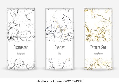 Distress Grunge Texture Set. Seamless Pattern. Scratched, Dirt Print. Halftone Retro Background. Broken, Cracked Wall Texture. Gold, Black, White Grunge Style. Noise Rough Design. Vector Illustration.