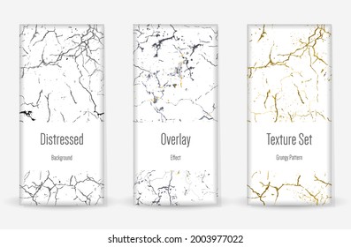 Conjunto de textura de desgarre por presión. Patrón sin inconvenientes. Impresión Scratched, Dirt. Fondo retro de semitono. Textura de pared rota y rota. Oro, Negro, Blanco Grunge Style. Diseño ruidoso. Ilustración vectorial.