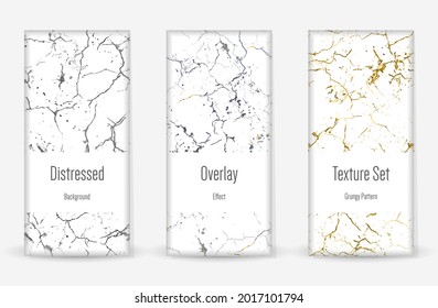 Distress Grunge Texture Set. Seamless Pattern. Scratched, Dirt Print. Halftone Retro Background. Broken, Cracked Wall Texture. Gold, Black, White Grunge Style. Noise Rough Design. Vector Illustration.