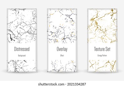 Distress Grunge Texture Set. Seamless Pattern. Scratched, Dirt Print. Halftone Retro Background. Broken, Cracked Wall Texture. Gold, Black, White Grunge Style. Noise Rough Design. Vector Illustration.