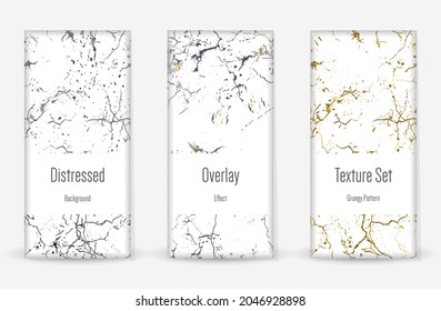 Conjunto de textura de desgarre por presión. Patrón sin inconvenientes. Impresión Scratched, Dirt. Fondo retro de semitono. Textura de pared rota y rota. Oro, Negro, Blanco Grunge Style. Diseño ruidoso. Ilustración vectorial.