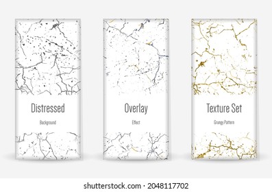 Distress Grunge Texture Set. Seamless Pattern. Scratched, Dirt Print. Halftone Retro Background. Broken, Cracked Wall Texture. Gold, Black, White Grunge Style. Noise Rough Design. Vector Illustration.