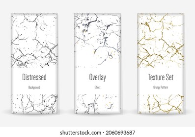 Distress Grunge Texture Set. Seamless Pattern. Scratched, Dirt Print. Halftone Retro Background. Broken, Cracked Wall Texture. Gold, Black, White Grunge Style. Noise Rough Design. Vector Illustration.