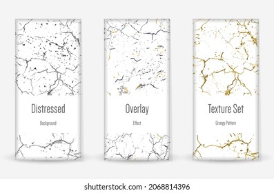 Distress Grunge Texture Set. Seamless Pattern. Scratched, Dirt Print. Halftone Retro Background. Broken, Cracked Wall Texture. Gold, Black, White Grunge Style. Noise Rough Design. Vector Illustration.