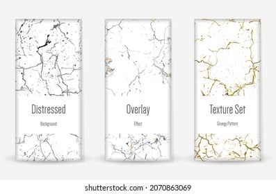 Distress Grunge Texture Set. Seamless Pattern. Scratched, Dirt Print. Halftone Retro Background. Broken, Cracked Wall Texture. Gold, Black, White Grunge Style. Noise Rough Design. Vector Illustration.