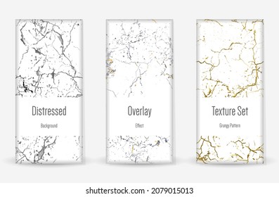 Distress Grunge Texture Set. Seamless Pattern. Scratched, Dirt Print. Halftone Retro Background. Broken, Cracked Wall Texture. Gold, Black, White Grunge Style. Noise Rough Design. Vector Illustration.