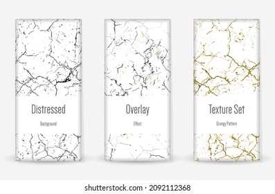Distress Grunge Texture Set. Seamless Pattern. Scratched, Dirt Print. Halftone Retro Background. Broken, Cracked Wall Texture. Gold, Black, White Grunge Style. Noise Rough Design. Vector Illustration.