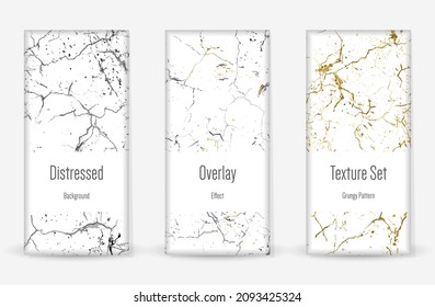 Distress Grunge Texture Set. Seamless Pattern. Scratched, Dirt Print. Halftone Retro Background. Broken, Cracked Wall Texture. Gold, Black, White Grunge Style. Noise Rough Design. Vector Illustration.