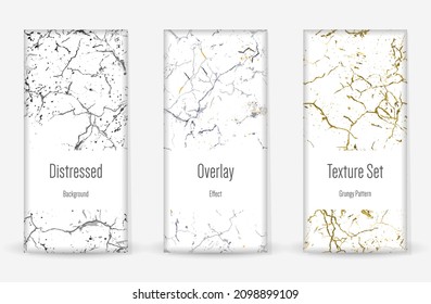 Distress Grunge Texture Set. Seamless Pattern. Scratched, Dirt Print. Halftone Retro Background. Broken, Cracked Wall Texture. Gold, Black, White Grunge Style. Noise Rough Design. Vector Illustration.
