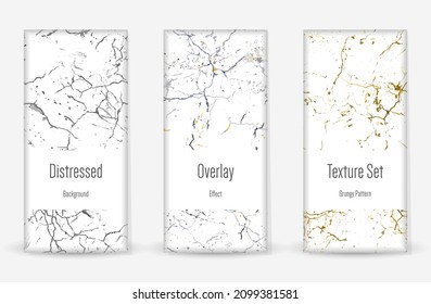 Distress Grunge Texture Set. Seamless Pattern. Scratched, Dirt Print. Halftone Retro Background. Broken, Cracked Wall Texture. Gold, Black, White Grunge Style. Noise Rough Design. Vector Illustration.