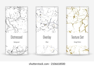 Distress Grunge Texture Set. Seamless Pattern. Scratched, Dirt Print. Halftone Retro Background. Broken, Cracked Wall Texture. Gold, Black, White Grunge Style. Noise Rough Design. Vector Illustration.