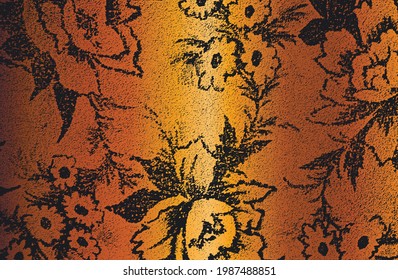 Distress grunge vector texture of fabric with floral ornament and lines. Golden black color gradient background. EPS 8 illustration.