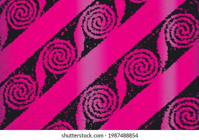 Distress grunge vector texture of fabric with eastern ornament and lines. Pink black metallic  color gradient background. EPS 8 illustration.