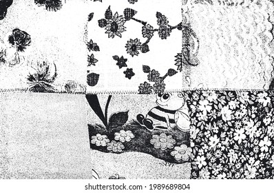 Distress grunge vector texture of fabric with floral ornament and lines. Black and white background. EPS 8 illustration