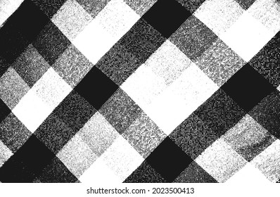 Distress grunge vector texture of fabric with tartan ornament. Black and white background EPS 8 illustration