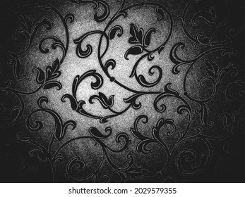 Distress grunge vector texture of fabric with floral ornament and lines. Black and white background. EPS 8 illustration